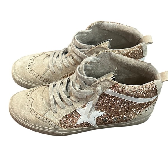 ShuShop Shoes - ShuShop Glitter High-Top Sneakers - Gold and Cream
